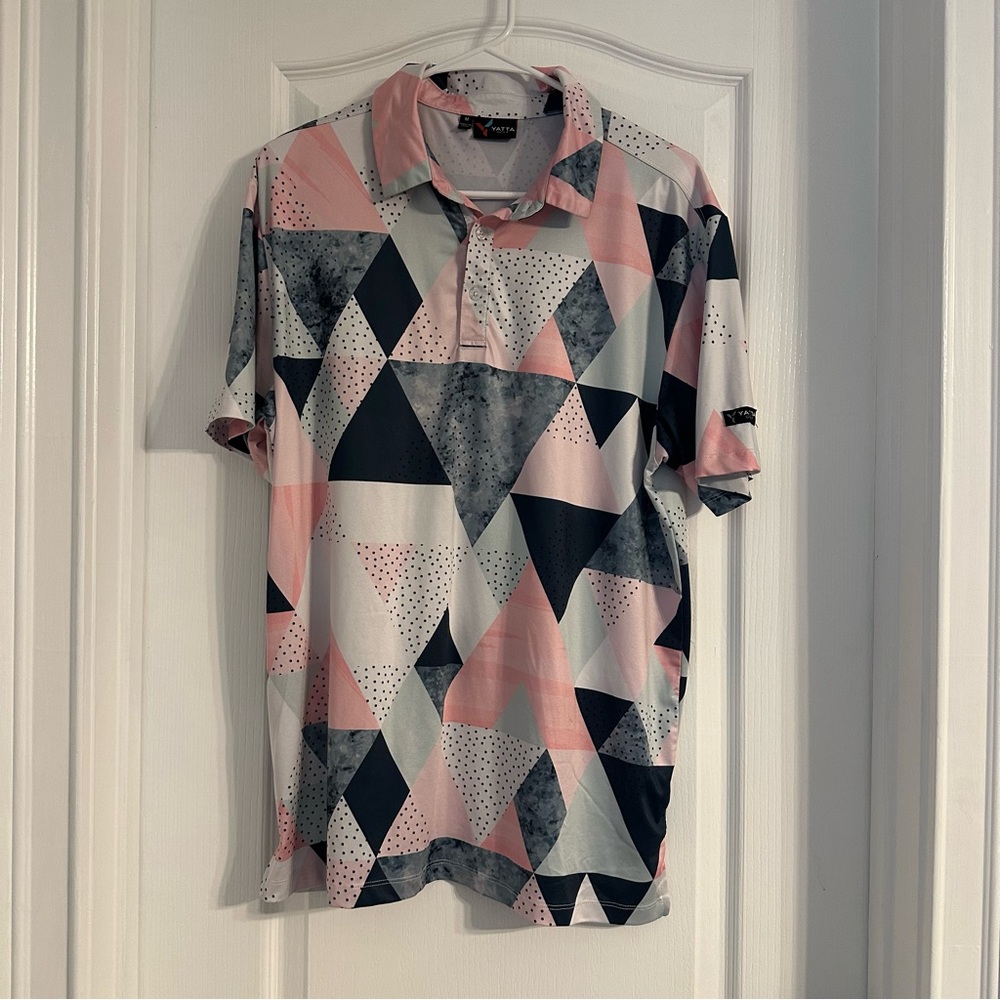 Yatta Golf Shirt Mens Short Sleeve Stretch Polo Golfing Pink Geometric - Medium